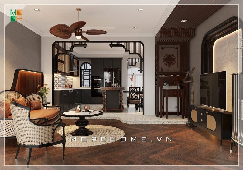 Mẫu thiết kế phòng khách cổ điển dành cho các loại nhà ở như chung cư, nhà phố, biệt thự, với đồ nội thất gỗ tự nhiên cao cấp.